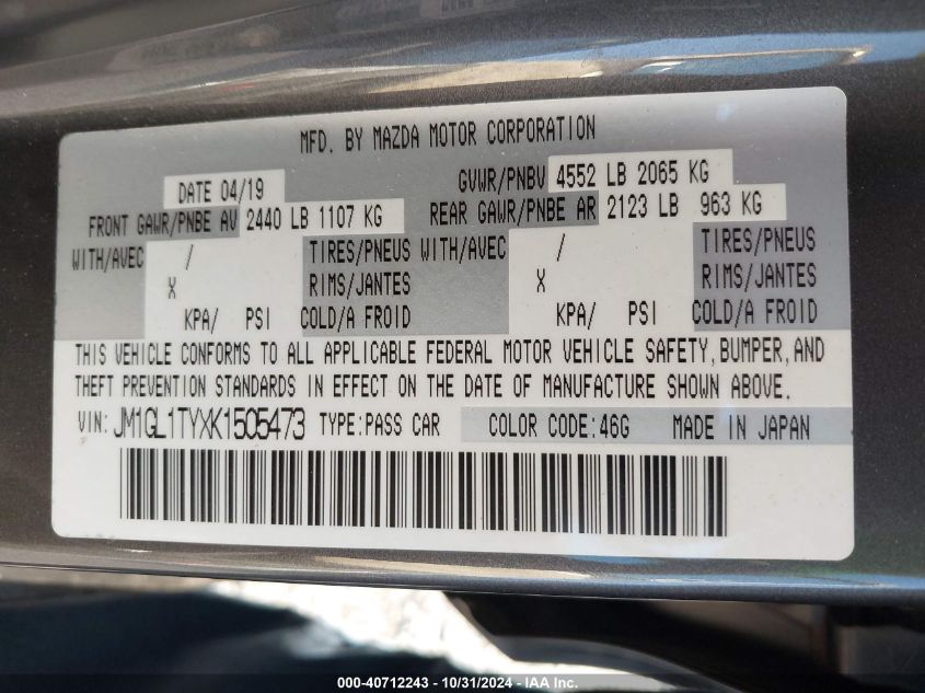 2019 MAZDA MAZDA6 GRAND TOURING - JM1GL1TYXK1505473