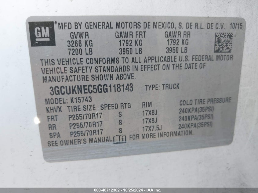 2016 Chevrolet Silverado 1500 Wt VIN: 3GCUKNEC5GG118143 Lot: 40712302