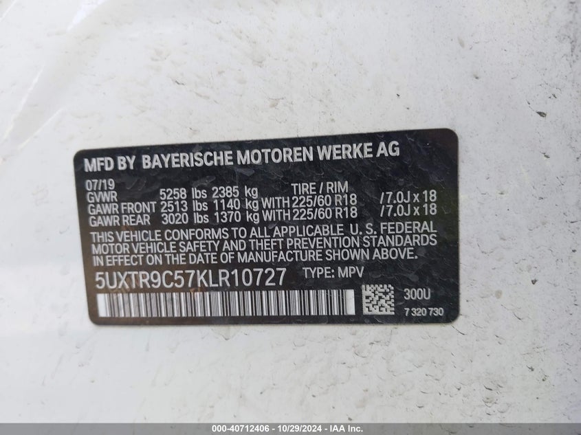 VIN 5UXTR9C57KLR10727 2019 BMW X3 XDRIVE30I