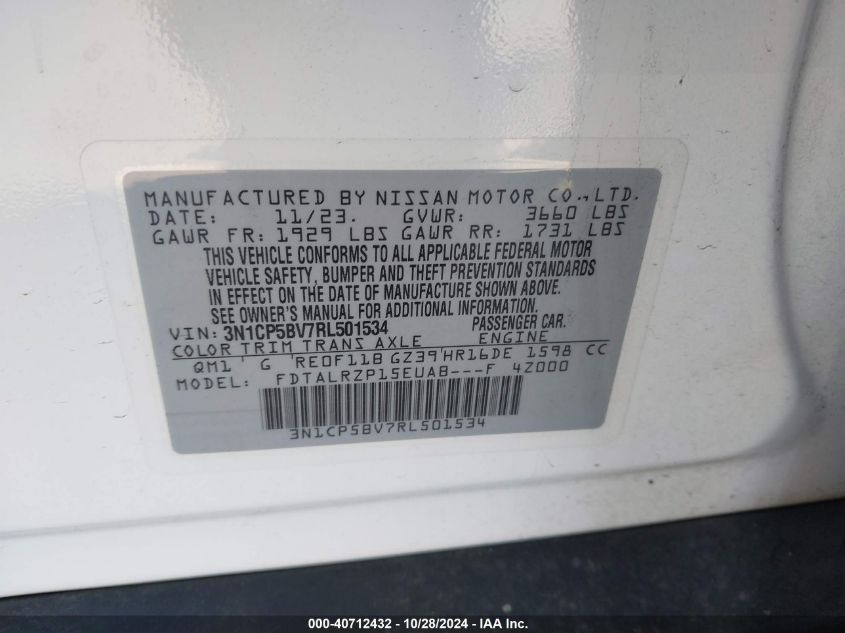 2024 Nissan Kicks S Xtronic Cvt VIN: 3N1CP5BV7RL501534 Lot: 40712432