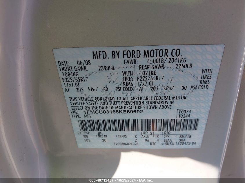 2008 Ford Escape Xlt VIN: 1FMCU03168KE69692 Lot: 40712437