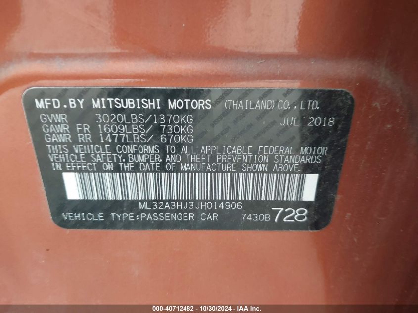 2018 Mitsubishi Mirage Es VIN: ML32A3HJ3JH014906 Lot: 40712482