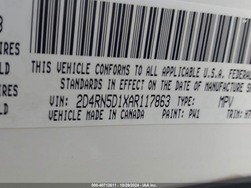 2010 Dodge Grand Caravan Sxt VIN: 2D4RN5D1XAR117863 Lot: 40712611