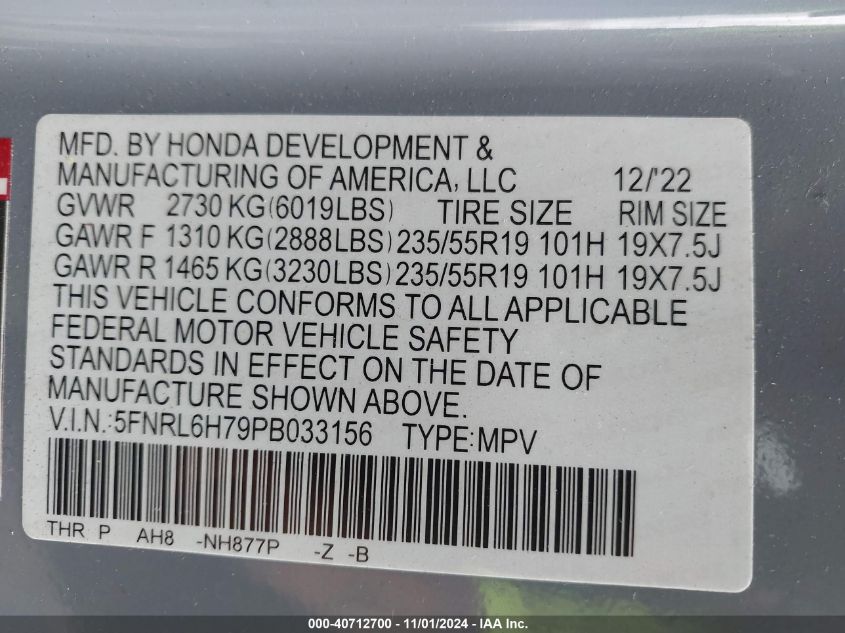 2023 Honda Odyssey Sport VIN: 5FNRL6H79PB033156 Lot: 40712700