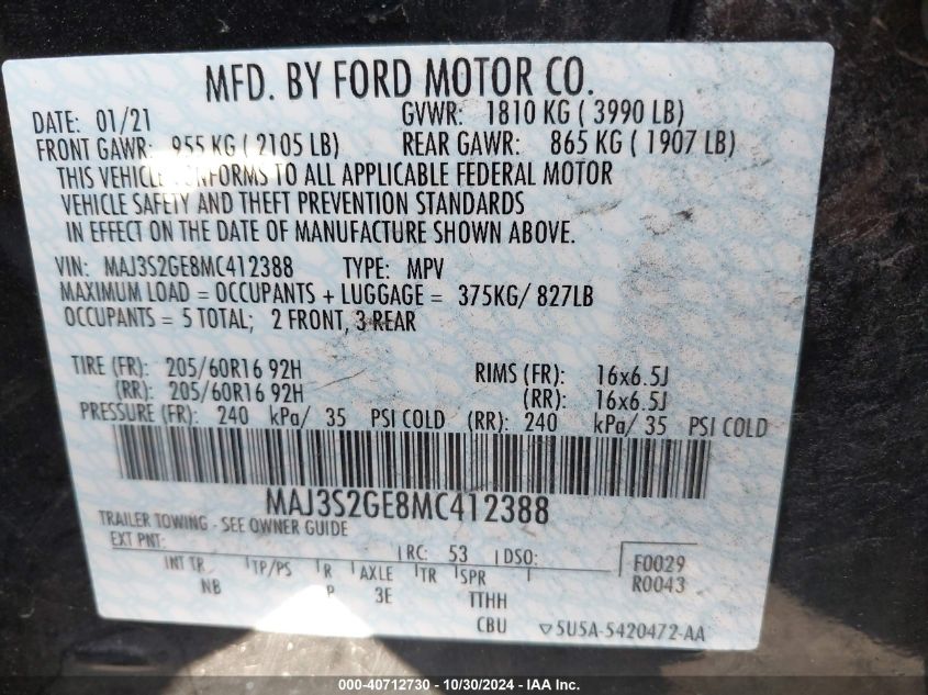 2021 Ford Ecosport Se VIN: MAJ3S2GE8MC412388 Lot: 40712730