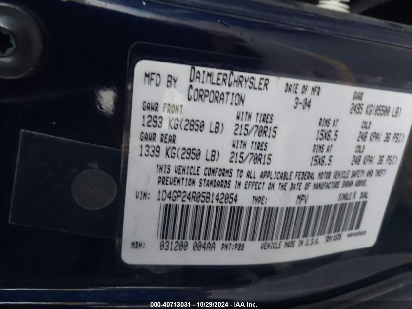 2005 Dodge Grand Caravan Se VIN: 1D4GP24R05B142054 Lot: 40713031