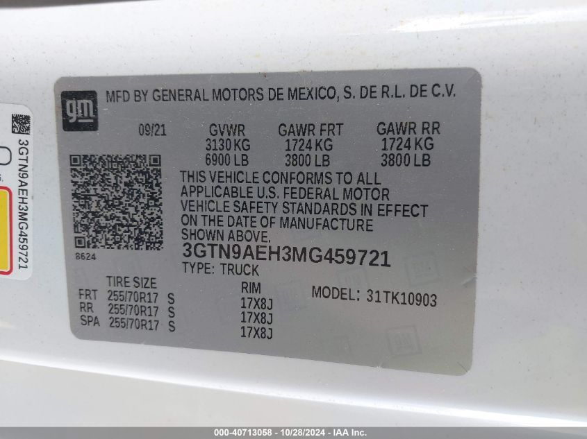 2021 GMC Sierra 1500 4Wd Long Box VIN: 3GTN9AEH3MG459721 Lot: 40713058