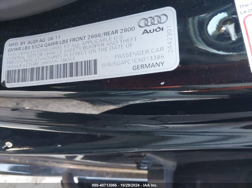 2012 Audi A7 Premium VIN: WAUSGAFC1CN013386 Lot: 40713066