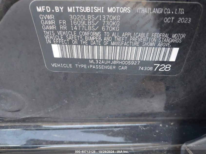 2024 Mitsubishi Mirage Es/Le VIN: ML32AUHJ8RH005927 Lot: 40713128