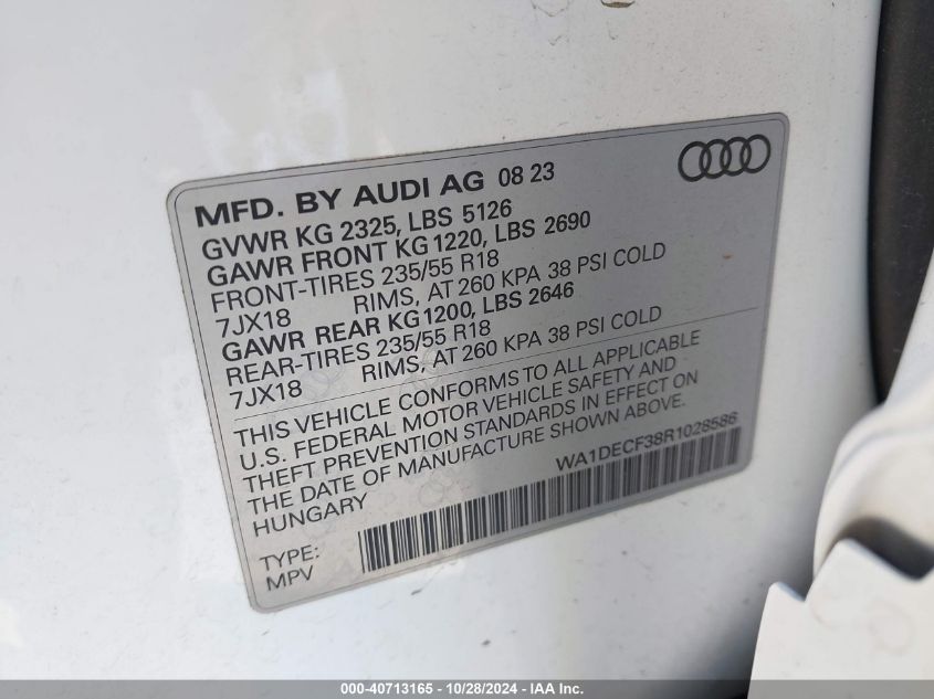 2024 Audi Q3 Premium 45 Tfsi S Line Quattro Tiptronic VIN: WA1DECF38R1028586 Lot: 40713165