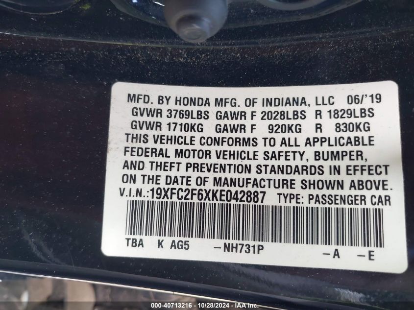 2019 Honda Civic Lx VIN: 19XFC2F6XKE042887 Lot: 40713216