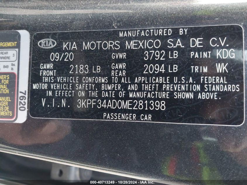 2021 Kia Forte Gt-Line VIN: 3KPF34AD0ME281398 Lot: 40713249