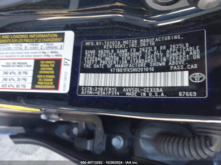 2017 TOYOTA CAMRY HYBRID VIN: 4T1BD1FK5HU201016