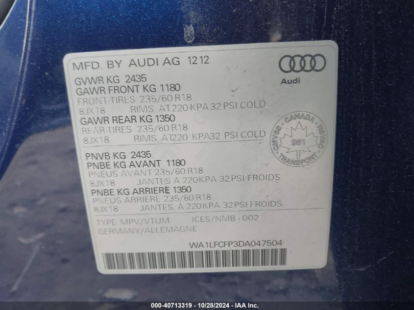 2013 Audi Q5 VIN: WA1LFCFP3DA047504 Lot: 40713319