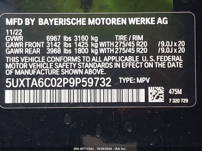 2023 BMW X5 Phev xDrive45E VIN: 5UXTA6C02P9P59732 Lot: 40713343