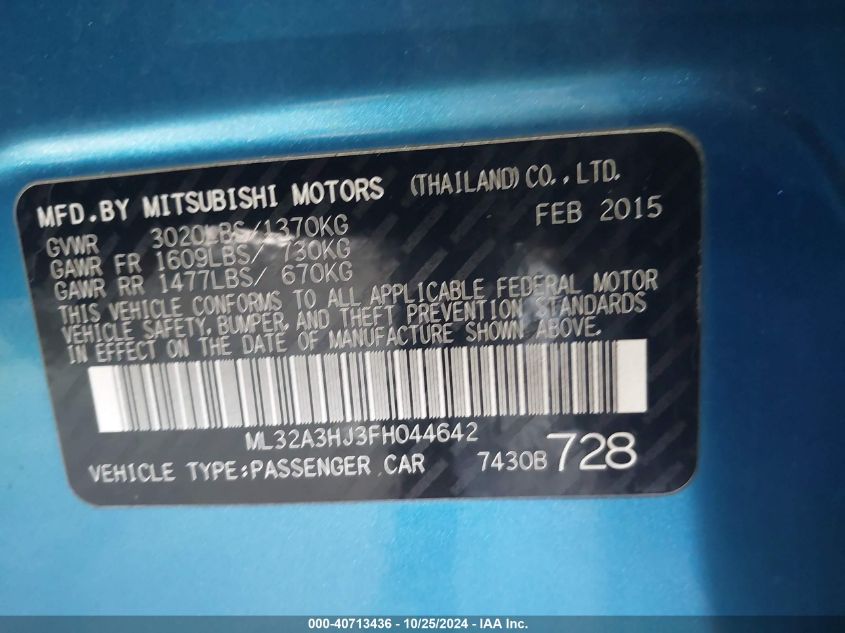 2015 Mitsubishi Mirage De VIN: ML32A3HJ3FH044642 Lot: 40713436