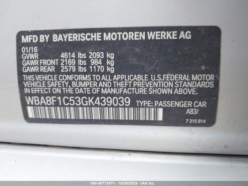 2016 BMW 328D xDrive VIN: WBA8F1C53GK439039 Lot: 40713471