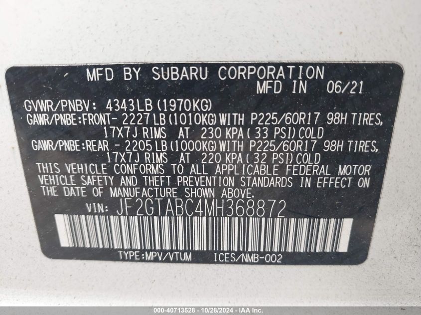 2021 Subaru Crosstrek VIN: JF2GTABC4MH368872 Lot: 40713528