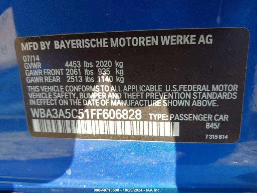 2015 BMW 328I VIN: WBA3A5C51FF606828 Lot: 40713598