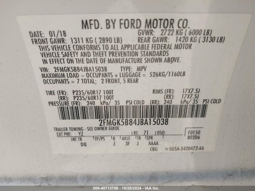 2018 Ford Flex Se VIN: 2FMGK5B84JBA15038 Lot: 40713706