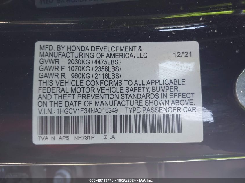 2022 Honda Accord Sport VIN: 1HGCV1F34NA015349 Lot: 40713778