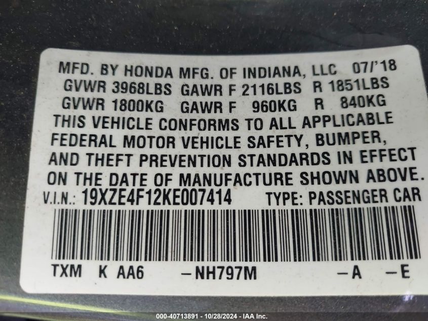 2019 Honda Insight Lx VIN: 19XZE4F12KE007414 Lot: 40713891