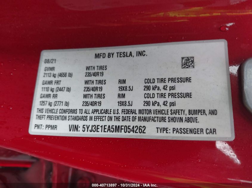 2021 Tesla Model 3 Standard Range Plus Rear-Wheel Drive VIN: 5YJ3E1EA5MF054262 Lot: 40713897