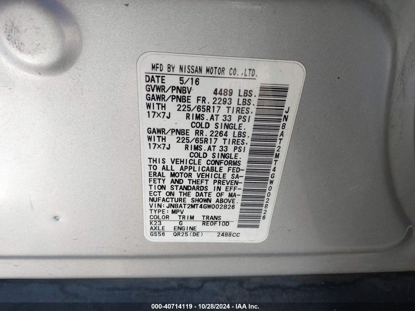 2016 NISSAN ROGUE S - JN8AT2MT4GW002826