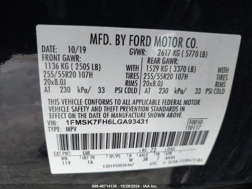 2020 Ford Explorer Limited VIN: 1FMSK7FH6LGA93431 Lot: 40714138