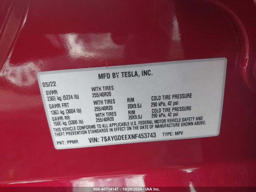 VIN 7SAYGDEEXNF453743 2022 TESLA MODEL Y no.9