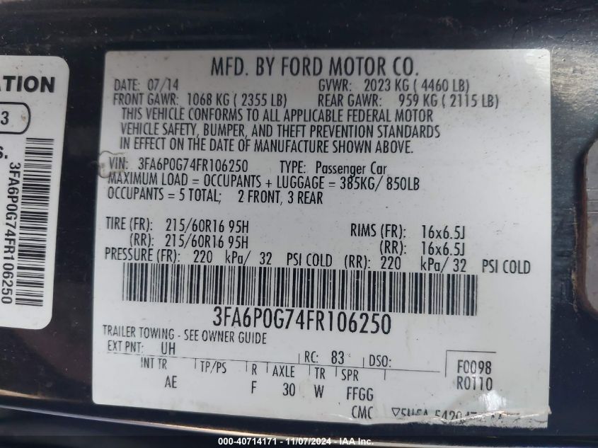 2015 Ford Fusion S VIN: 3FA6P0G74FR106250 Lot: 40714171