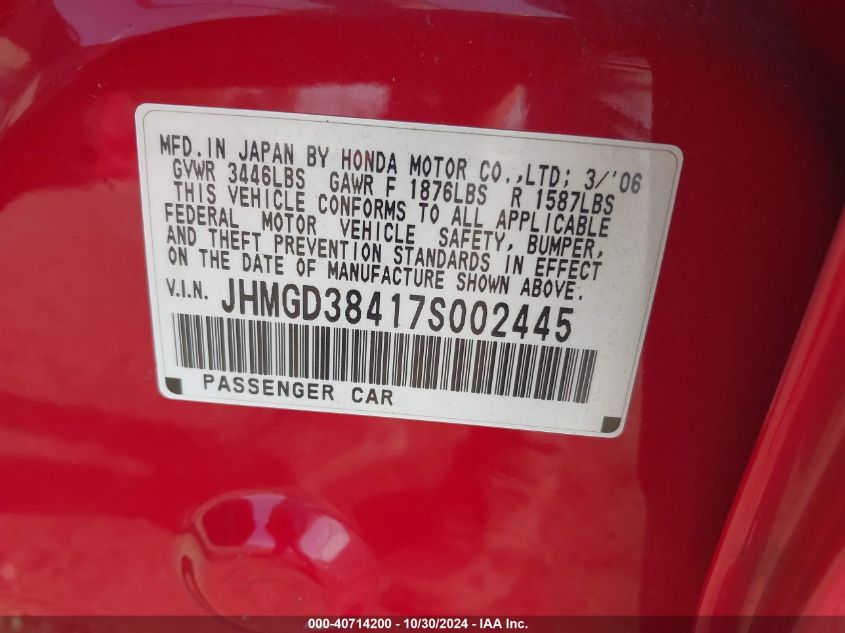 2007 HONDA FIT VIN: JHMGD38417S002445