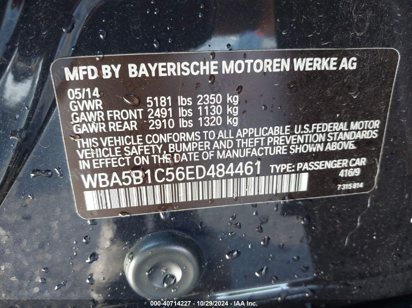 2014 BMW 535I VIN: WBA5B1C56ED484461 Lot: 40714227