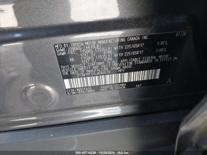 VIN 2T3W1RFVXLW089512 2020 TOYOTA RAV4 XLE