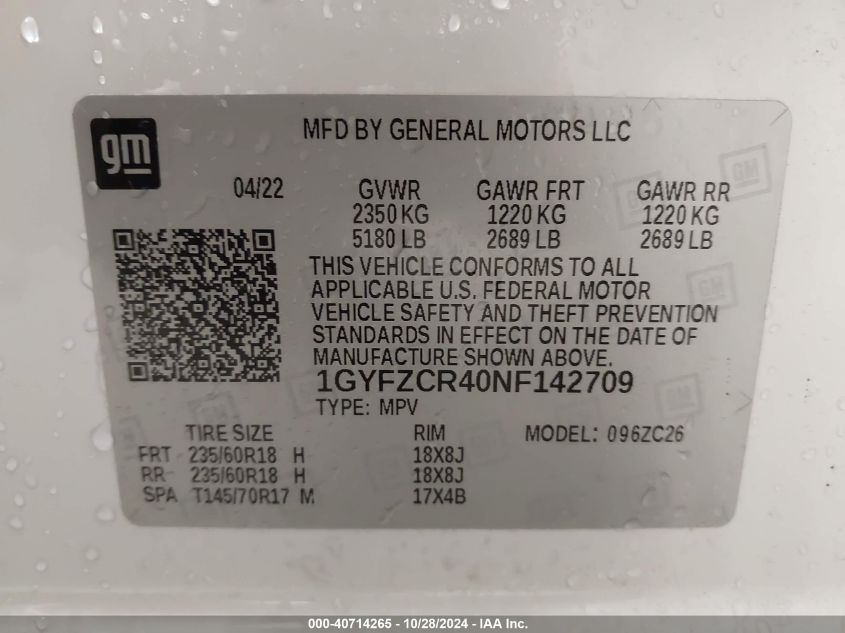 VIN 1GYFZCR40NF142709 2022 Cadillac XT4, Fwd Premiu... no.9