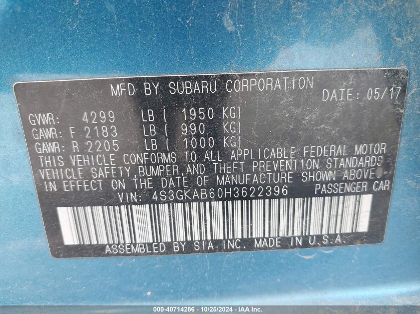 VIN 4S3GKAB60H3622396 2017 SUBARU IMPREZA 2.0I PREMIUM