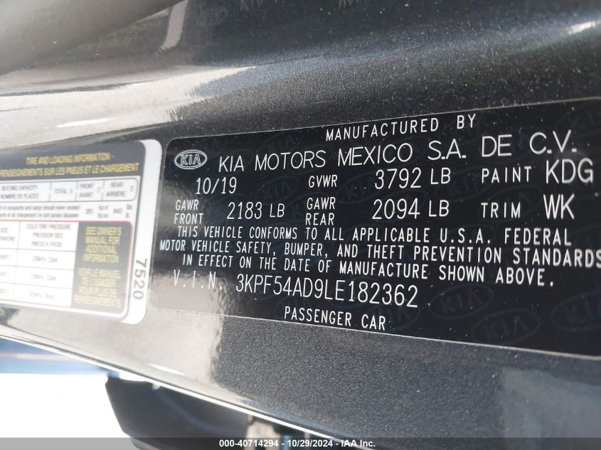 2020 Kia Forte Ex VIN: 3KPF54AD9LE182362 Lot: 40714294