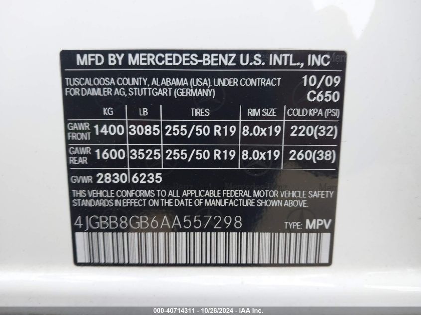 2010 Mercedes-Benz Ml 350 4Matic VIN: 4JGBB8GB6AA557298 Lot: 40714311