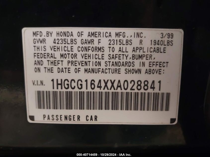 1999 Honda Accord Lx V6 VIN: 1HGCG164XXA028841 Lot: 40714459