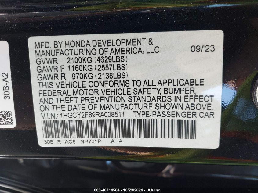 2024 Honda Accord Hybrid Touring VIN: 1HGCY2F89RA008511 Lot: 40714564