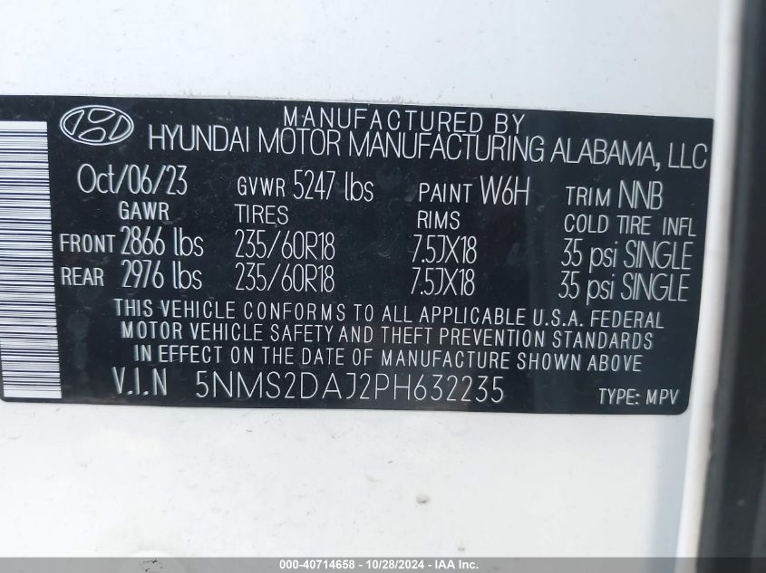 2023 Hyundai Santa Fe Sel VIN: 5NMS2DAJ2PH632235 Lot: 40714658