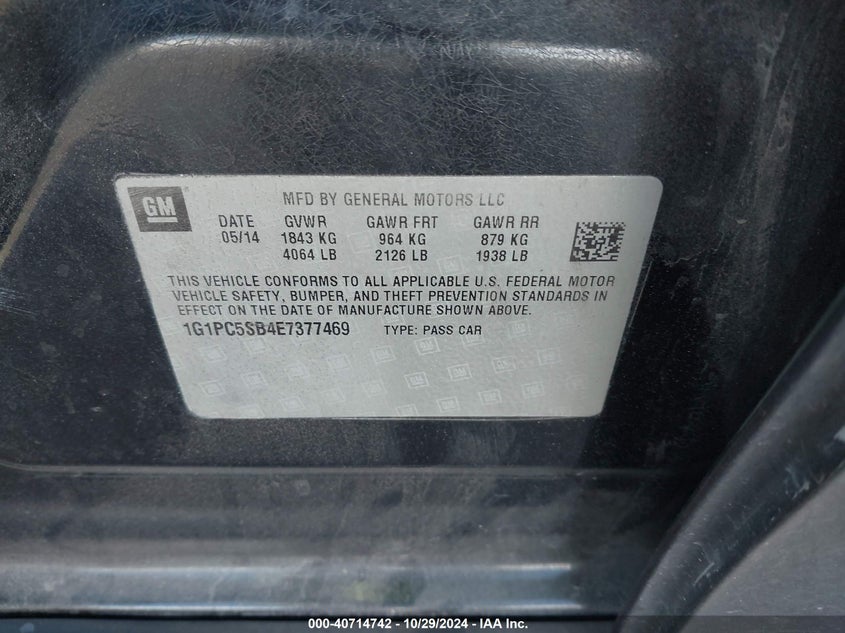 2014 CHEVROLET CRUZE VIN: 1G1PC5SB4E7377469