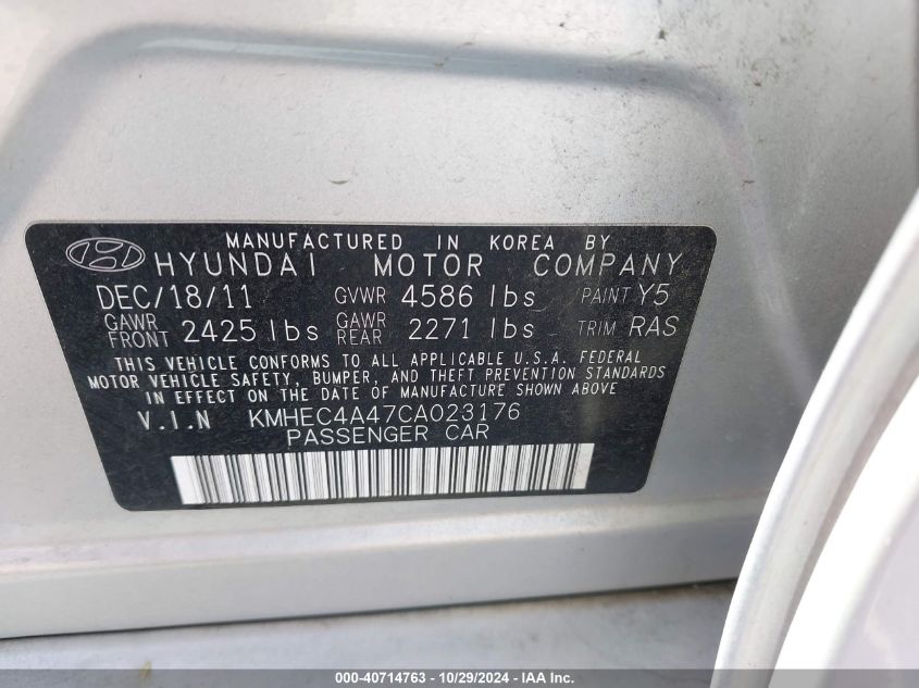 2012 Hyundai Sonata Hybrid VIN: KMHEC4A47CA023176 Lot: 40714763