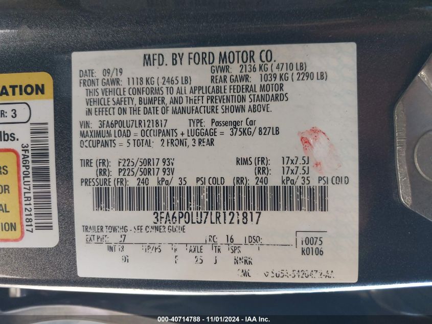 2020 Ford Fusion Hybrid Se VIN: 3FA6P0LU7LR121817 Lot: 40714788