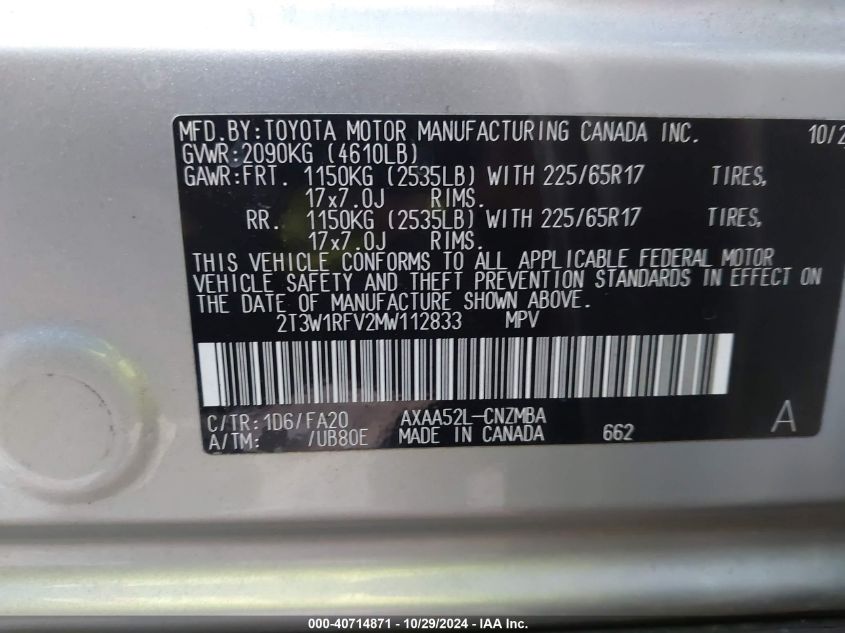 2021 Toyota Rav4 Xle VIN: 2T3W1RFV2MW112833 Lot: 40714871