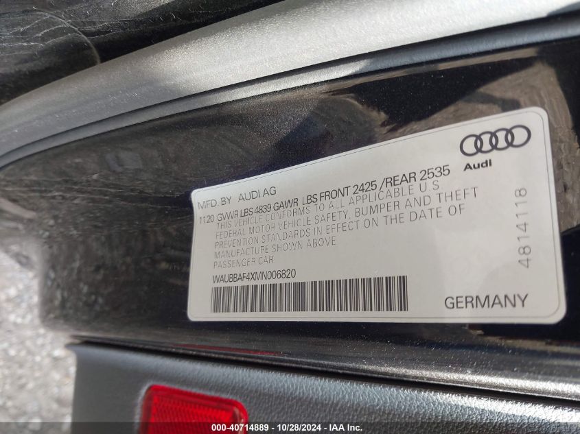 2021 Audi A4 Premium Plus 40 Tfsi Quattro S Tronic VIN: WAUBBAF4XMN006820 Lot: 40714889