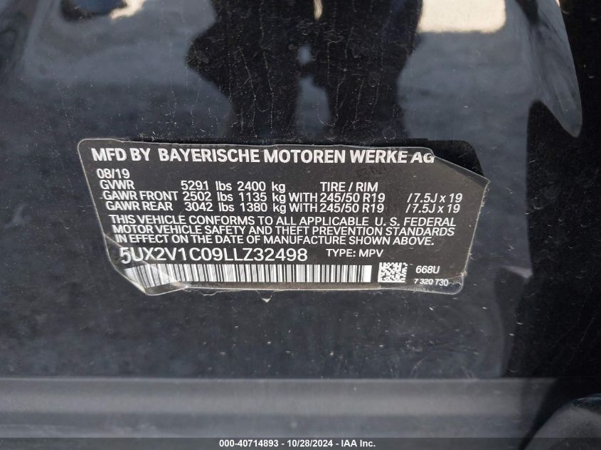 2020 BMW X4 xDrive30I VIN: 5UX2V1C09LLZ32498 Lot: 40714893