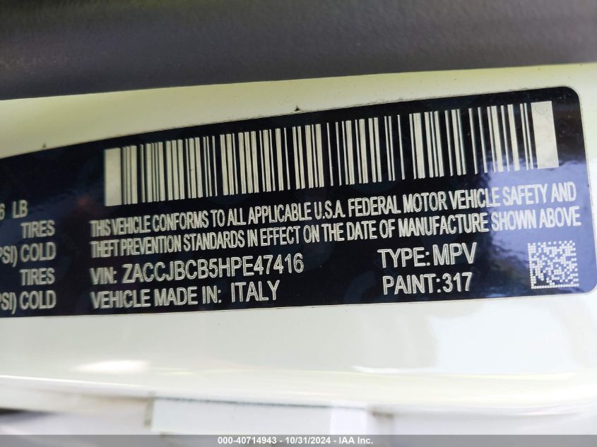 2017 Jeep Renegade Trailhawk 4X4 VIN: ZACCJBCB5HPE47416 Lot: 40714943