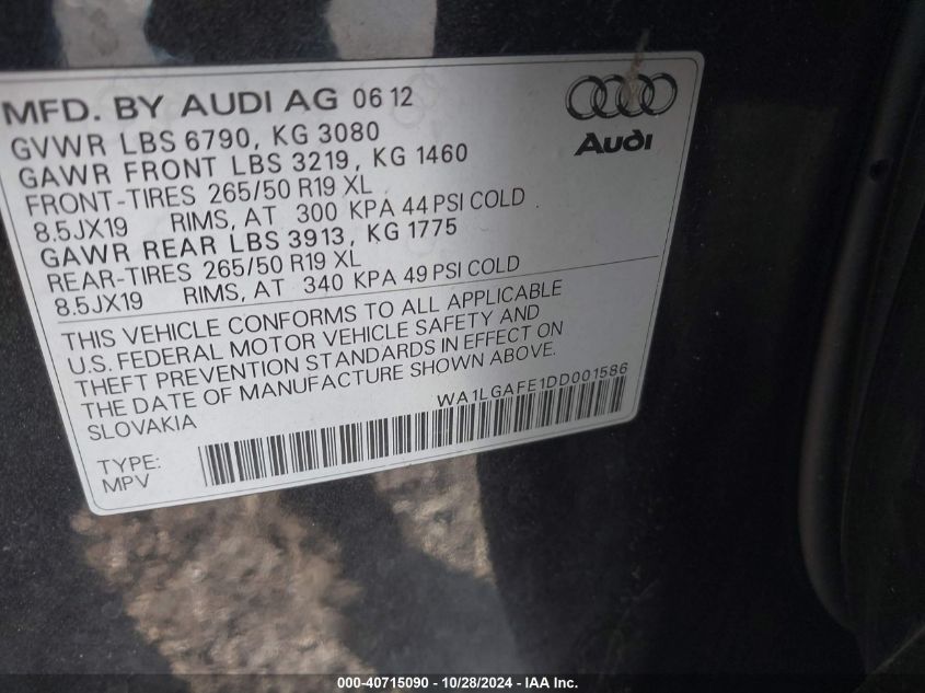 2013 Audi Q7 3.0T Premium VIN: WA1LGAFE1DD001586 Lot: 40715090