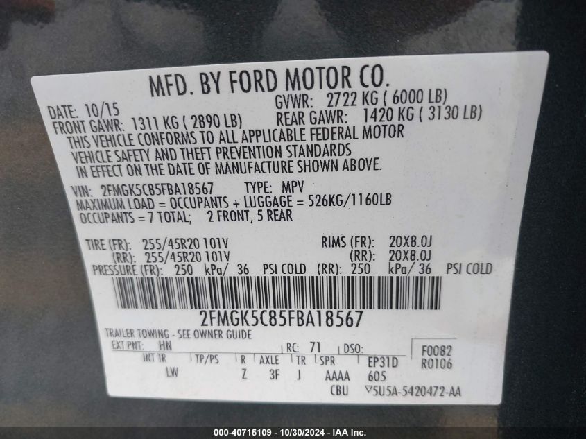 2015 Ford Flex Sel VIN: 2FMGK5C85FBA18567 Lot: 40715109